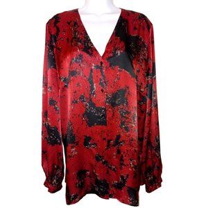 PER TE BY KRIZIA 18W Red w/ Black Print Long Sleeve V-Neck BF 100% Silk Blouse